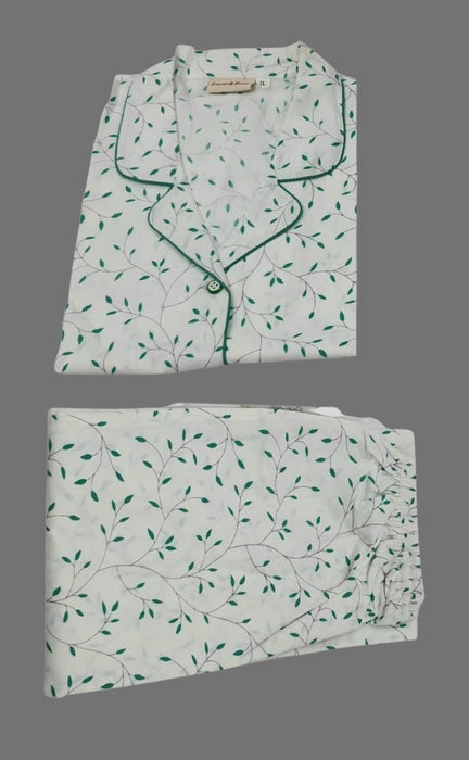 White/Green Leaves Cotton Large (L) Night Suit | Pure Cotton | Laces and Frills - Laces and Frills