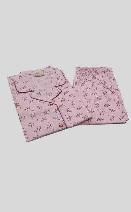 Baby Pink Leaves Cotton Large (L) Night Suit | Pure Cotton | Laces and Frills - Laces and Frills