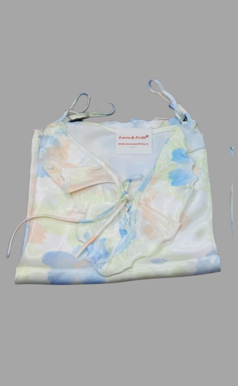 Sky Blue Satin Spaghetti Top Medium  3/4 th Night Suit - Laces and Frills