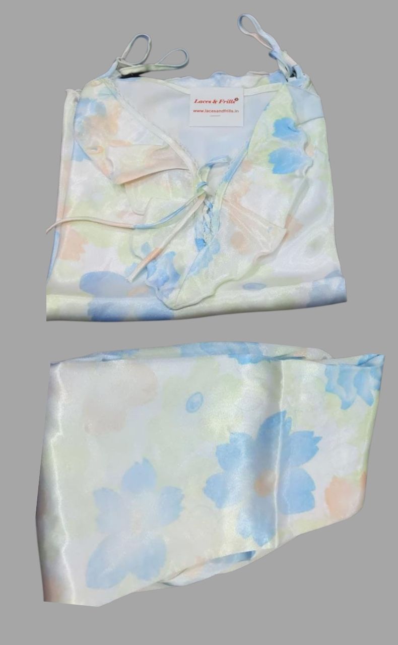 Sky Blue Satin Spaghetti Top Medium  3/4 th Night Suit - Laces and Frills