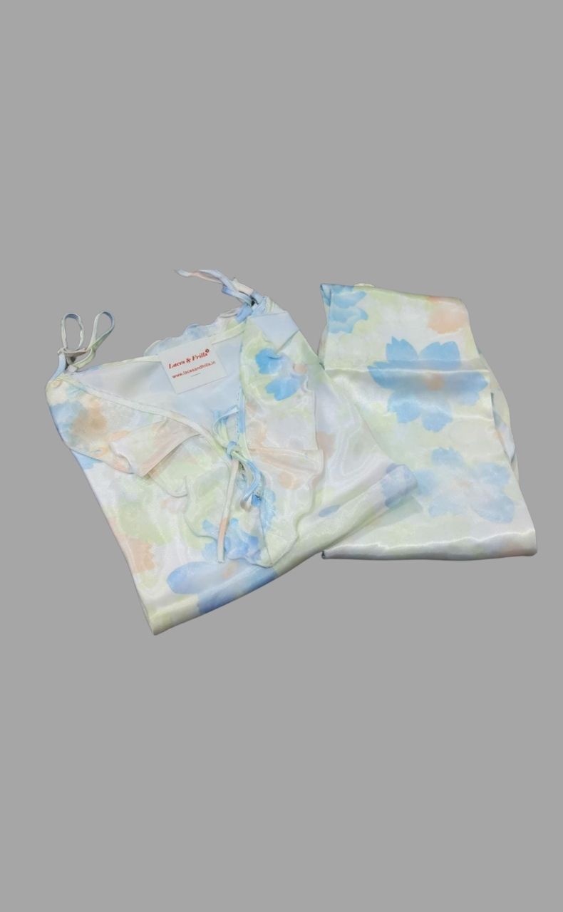 Sky Blue Satin Spaghetti Top Medium  3/4 th Night Suit - Laces and Frills