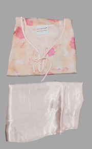 Peach Satin Sleeveless  3/4 th Night Suit - Laces and Frills