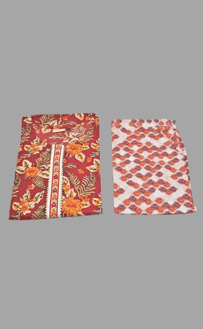 Maroon Floral Kurti With Pant Set .Pure Versatile Cotton. | Laces and Frills - Laces and Frills