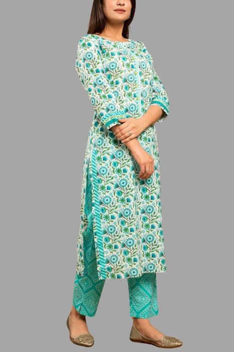 White/Sea Green Floral Kurti With Pant Set .Pure Versatile Cotton. | Laces and Frills - Laces and Frills