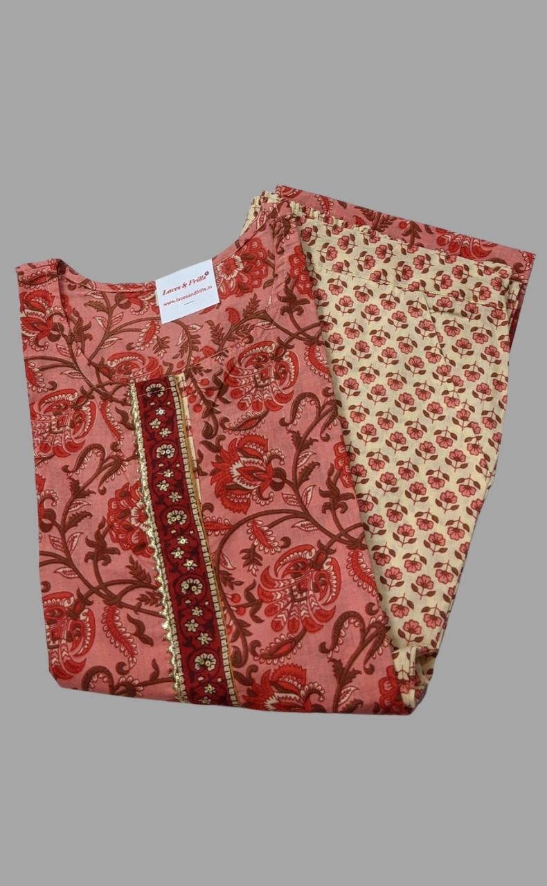 Peach/Red Floral Kurti With Pant Set .Pure Versatile Cotton. | Laces and Frills - Laces and Frills