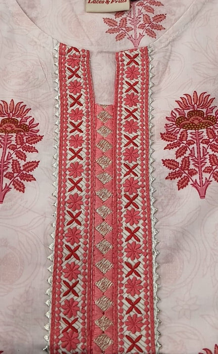 Baby Pink Motif Kurti With Pant And Dupatta Set.Pure Versatile Cotton. | Laces and Frills - Laces and Frills