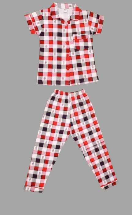 Red/White Checks Girls Printed Night Suit Set . Girls Night Wear | Laces and Frills - Laces and Frills