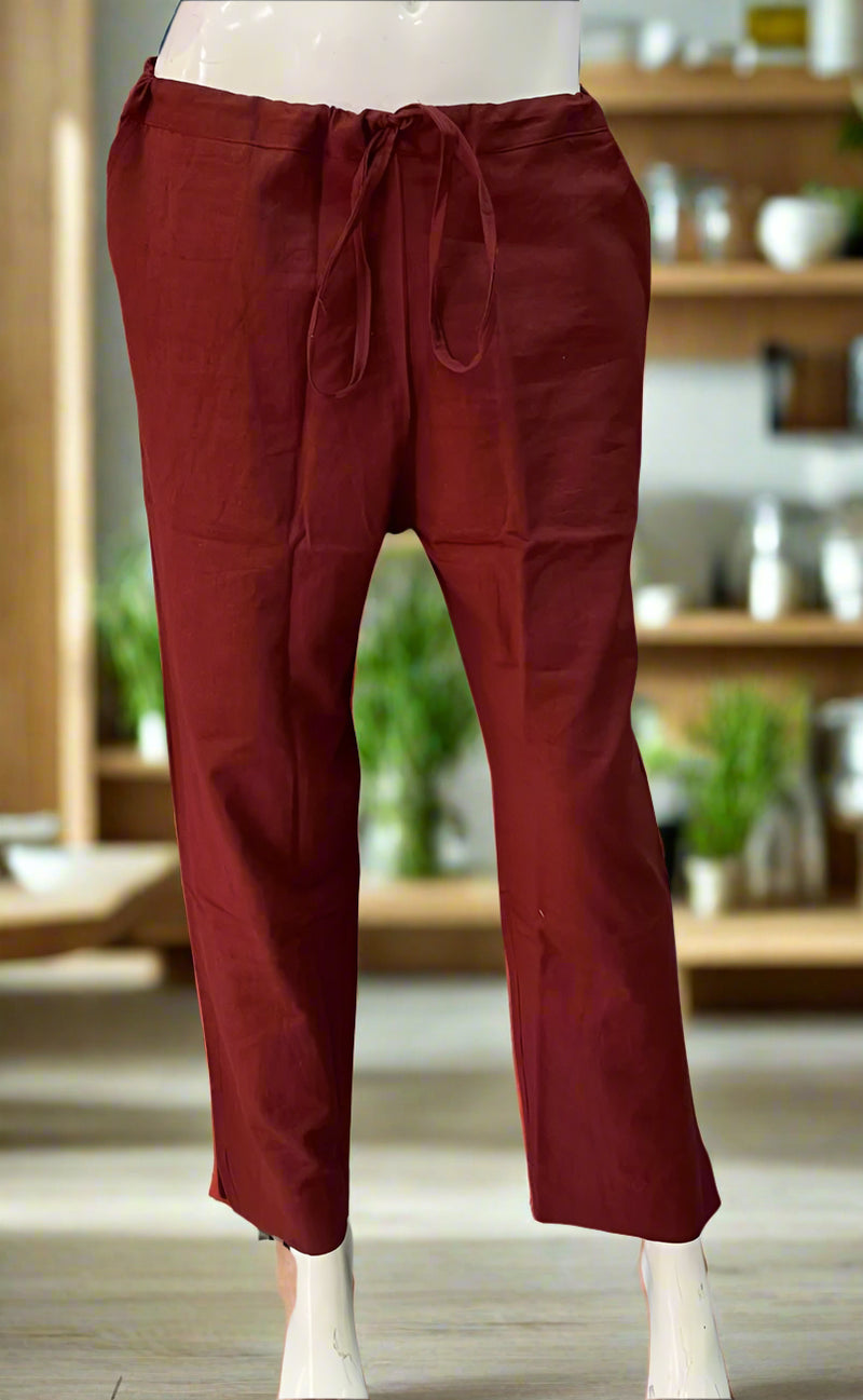 Maroon Straight Pants . Pure Cotton Fabric | Laces and Frills - Laces and Frills