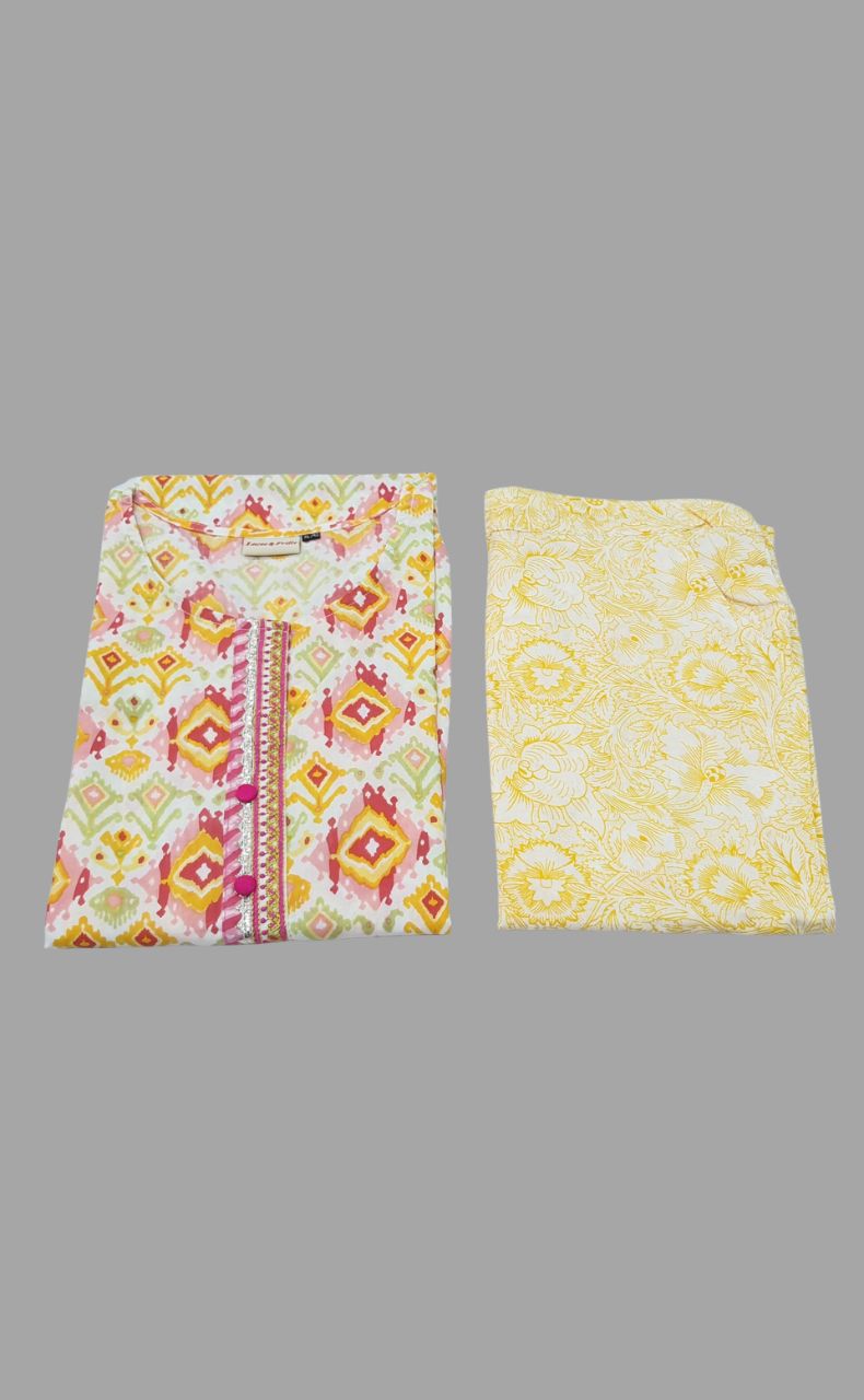 White/Yellow Motif Kurti With Pant Set.Pure Versatile Cotton. | Laces and Frills - Laces and Frills