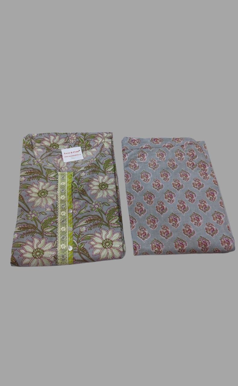 Grey/Green Floral Kurti With Pant Set .Pure Versatile Cotton. | Laces and Frills - Laces and Frills