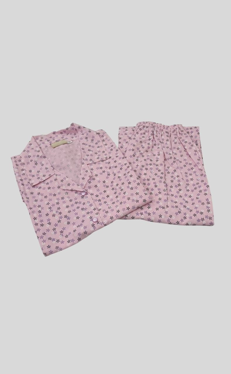 Baby Pink Flora Cotton XL Night Suit | Pure Cotton | Laces and Frills - Laces and Frills