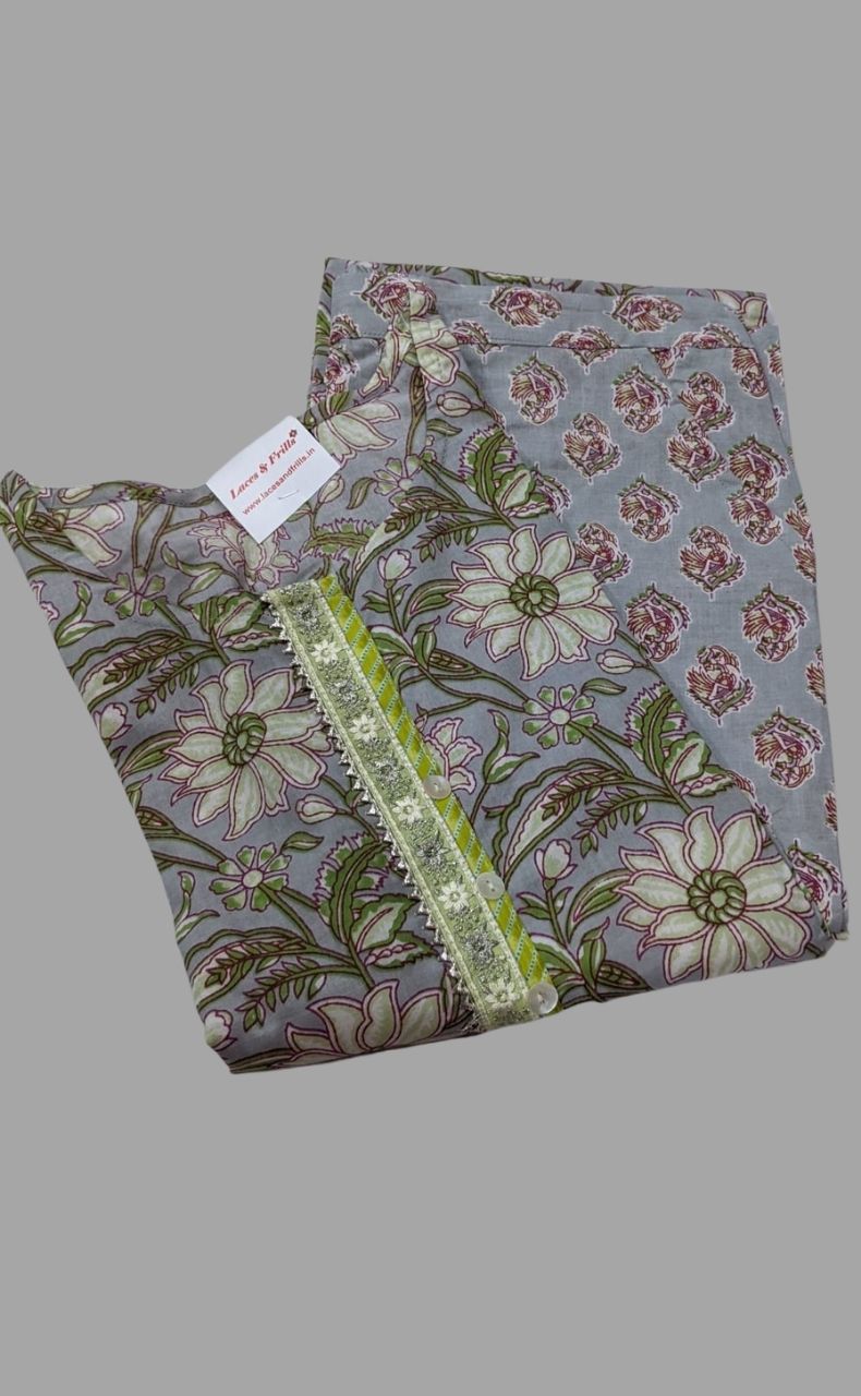 Grey/Green Floral Kurti With Pant Set .Pure Versatile Cotton. | Laces and Frills - Laces and Frills