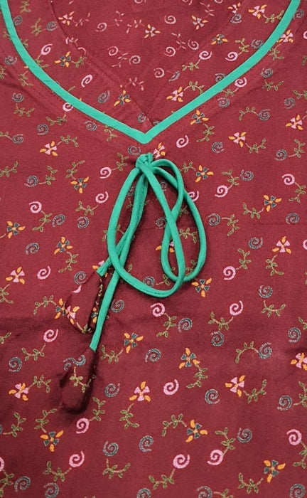 Maroon Tiny Leaves Spun Extra Large Nighty. Flowy Spun Fabric | Laces and Frills - Laces and Frills