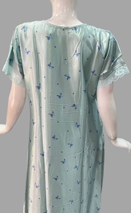 Sea Green/Blue Butterflies Satin Slim Fit Nighty. Soft Silky Satin | Laces and Frills - Laces and Frills