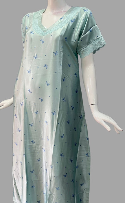 Sea Green/Blue Butterflies Satin Slim Fit Nighty. Soft Silky Satin | Laces and Frills - Laces and Frills