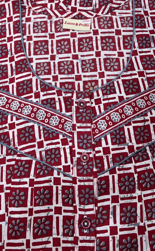 Red Geometric Pure Cotton Free Size Large Nighty . Pure Durable Cotton | Laces and Frills - Laces and Frills