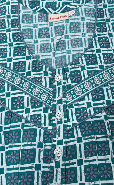 Sea Green Geometric Pure Cotton Free Size Large Nighty . Pure Durable Cotton | Laces and Frills - Laces and Frills