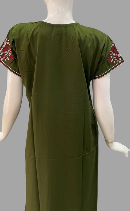 Green Embroidery Slim Fit Nighty. Soft Breathable Fabric  | Laces and Frills - Laces and Frills