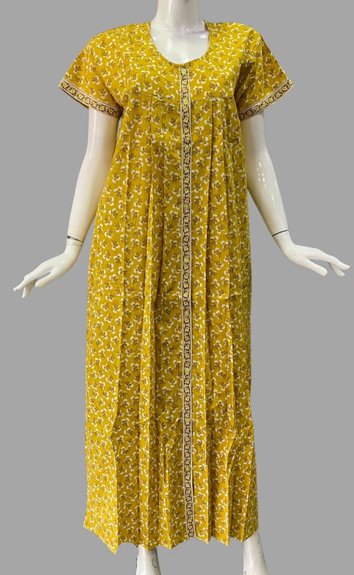 Yellow Floral Pure Cotton Full Open Slim Fit Nighty . Pure Durable Cotton | Laces and Frills - Laces and Frills