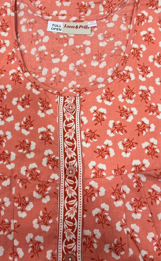 Peach Floral Pure Cotton Full Open Slim Fit Nighty . Pure Durable Cotton | Laces and Frills - Laces and Frills