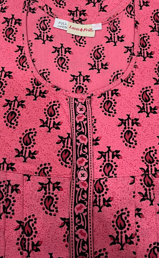 Pink Motif Pure Cotton Full Open Slim Fit Nighty . Pure Durable Cotton | Laces and Frills - Laces and Frills