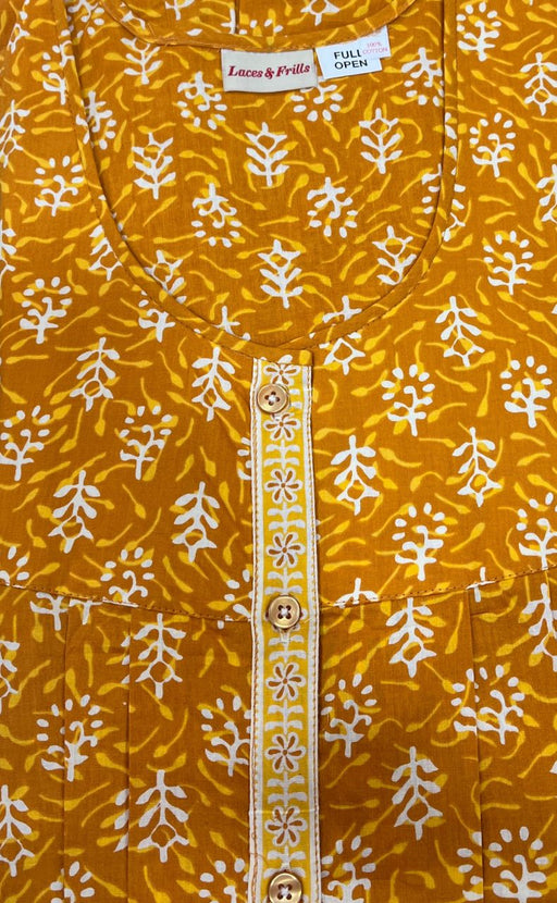 Yellow Leaf Pure Cotton Full Open Slim Fit Nighty . Pure Durable Cotton | Laces and Frills - Laces and Frills