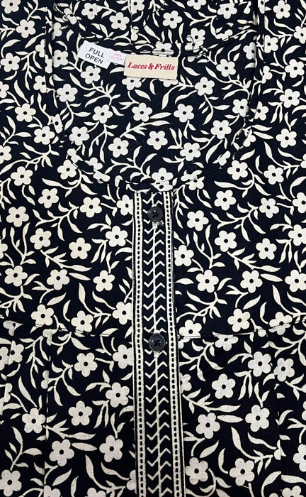 Black Floral Pure Cotton Full Open Slim Fit Nighty . Pure Durable Cotton | Laces and Frills - Laces and Frills