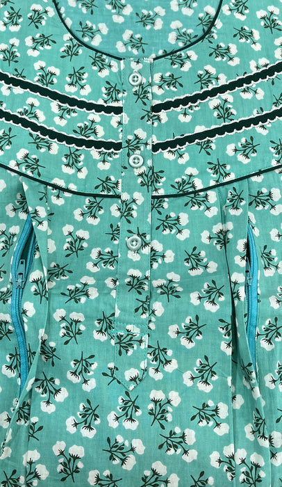 Sea Green Tiny Flora Pure Cotton Feeding XL Nighty . Pure Durable Cotton | Laces and Frills - Laces and Frills