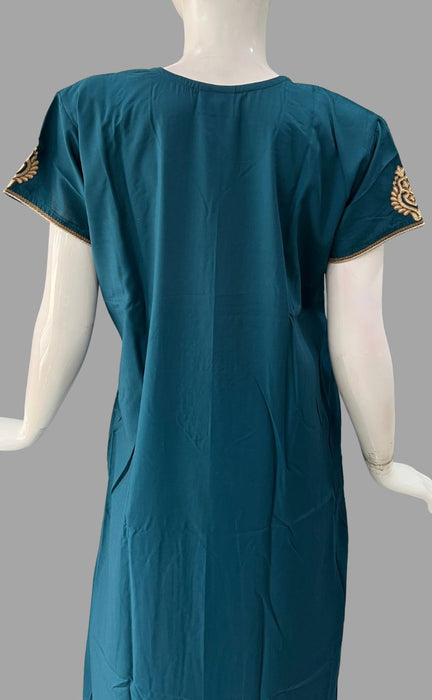 Teal Blue Embroidery Soft Free Size Nighty. Soft Breathable Fabric | Laces and Frills - Laces and Frills