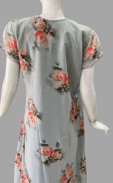 Grey Floral Chiffon Slim Fit Nighty . Delicate Chiffon | Laces and Frills - Laces and Frills