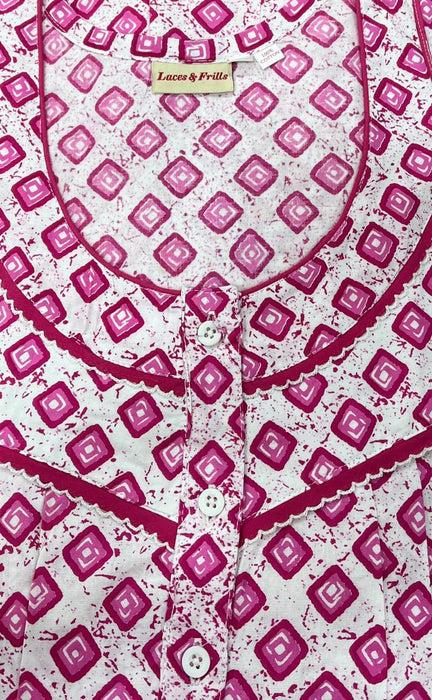 White/Pink Geometric Pure Cotton XXL Nighty .Pure Durable Cotton | Laces and Frills - Laces and Frills