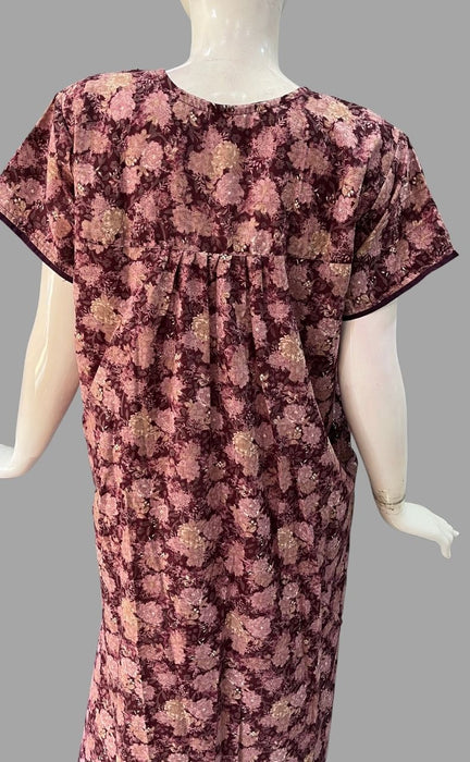 Wine Purple Floral Soft Cotton 4XL Nighty . Soft Breathable Fabric | Laces and Frills - Laces and Frills