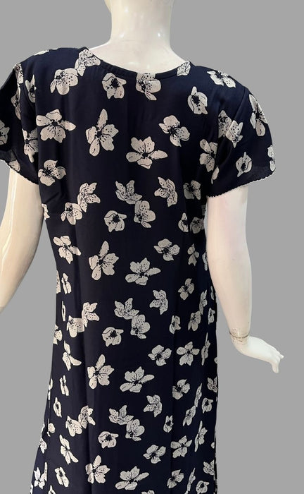 Navy Blue Floral Spun Slim Fit Nighty. Spun Breathable Fabric  | Laces and Frills - Laces and Frills