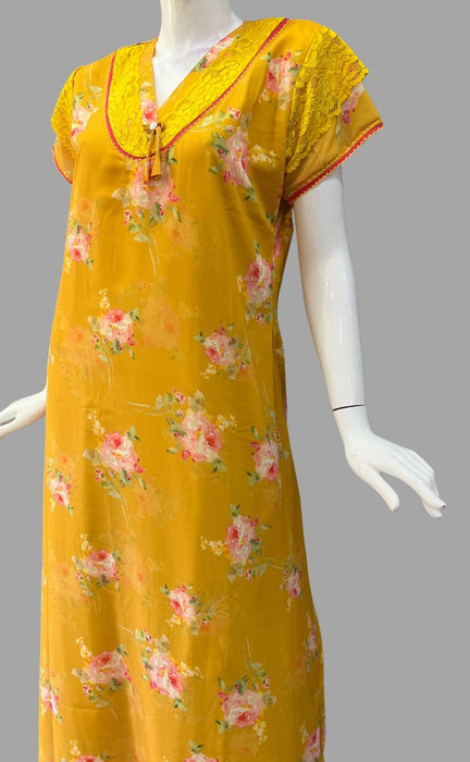 Yellow Floral Chiffon Free Size Nighty. Delicate Chiffon | Laces and Frills - Laces and Frills