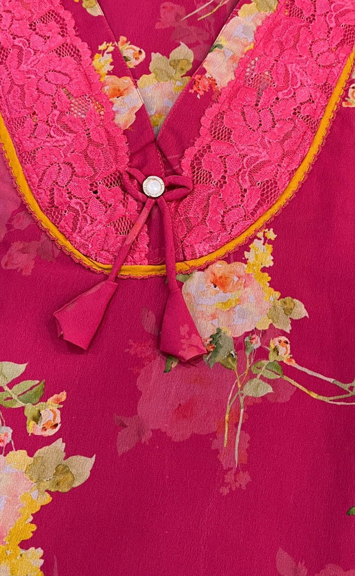 Rani Pink Floral Chiffon Extra Large Nighty. Delicate Chiffon | Laces and Frills - Laces and Frills