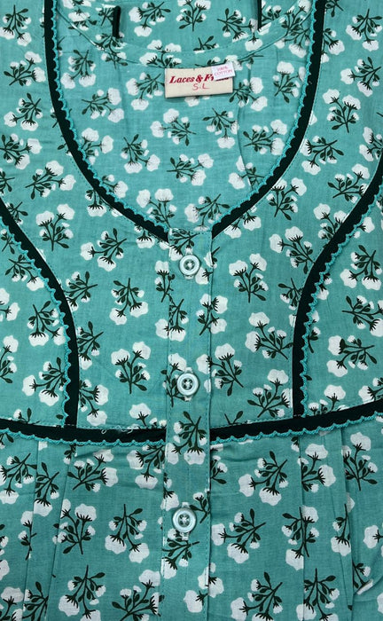 Sea Green Floral Pure Cotton Sleeveless XXL Nighty .Pure Durable Cotton | Laces and Frills - Laces and Frills