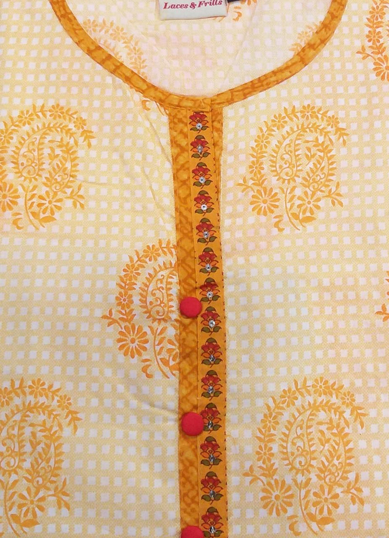 Light Yellow Motif  Kurti - Laces and Frills