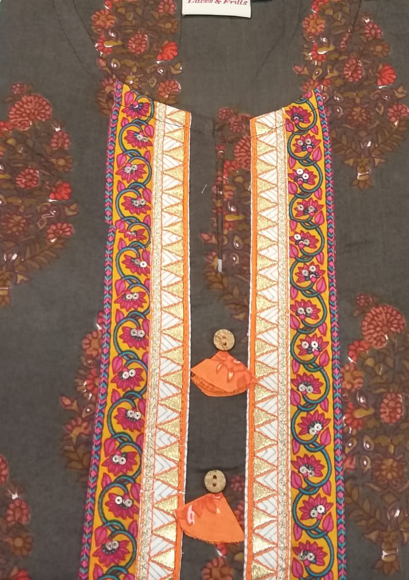 Dark Brown Motif  Kurti - Laces and Frills
