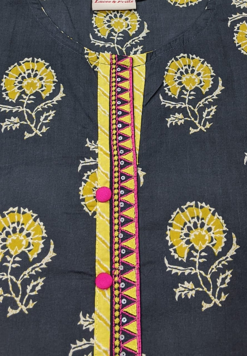 Ash Grey With Yellow Floral Motif Kurti - Laces and Frills