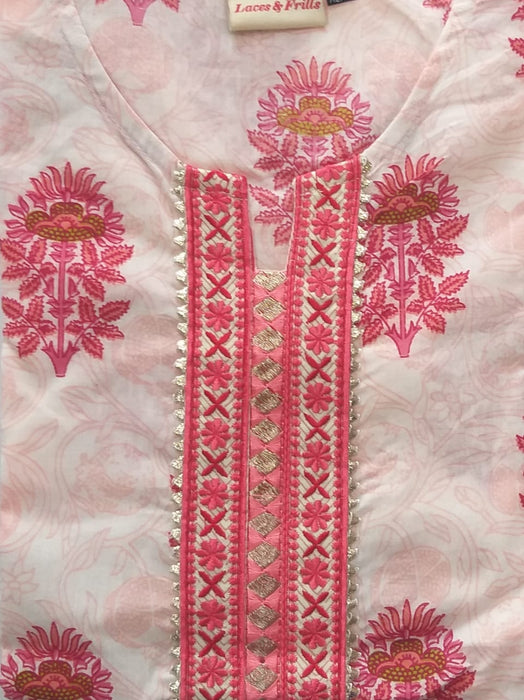 White/Pink Motif Kurti With Palazzo And Dupatta Set - Laces and Frills