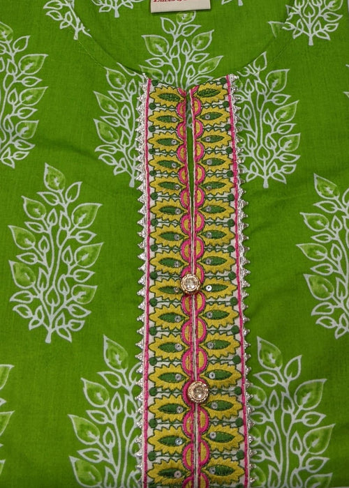 Green Floral Kurti With Pant And Dupatta Set - Laces and Frills