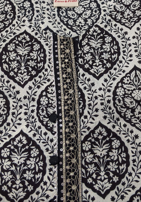 Black/White Kurti With Pant And Dupatta Set - Laces and Frills