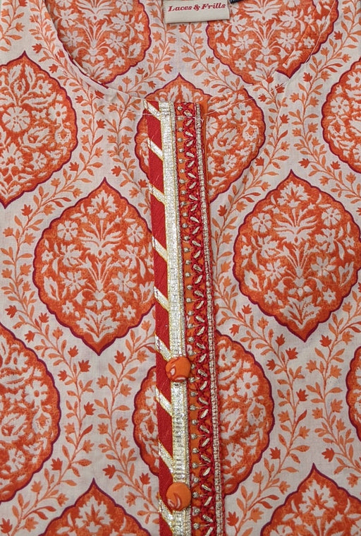 White/Orange Floral Motif Kurti - Laces and Frills