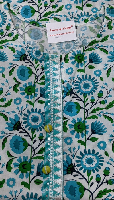 White/Sea Green Floral Kurti With Pant Set - Laces and Frills
