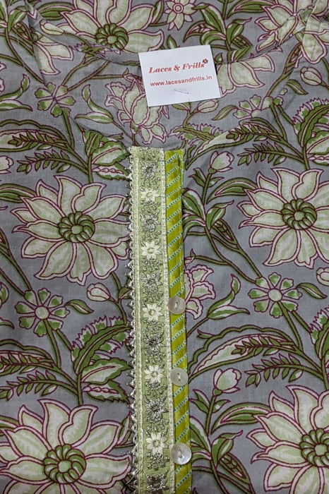 Grey/Green Floral Kurti With Pant Set - Laces and Frills