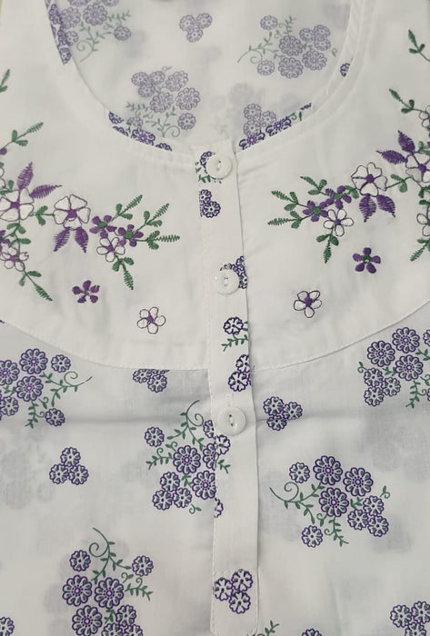 White/Violet Floral Pure Cotton Sleeveless Free Size Nighty - Laces and Frills
