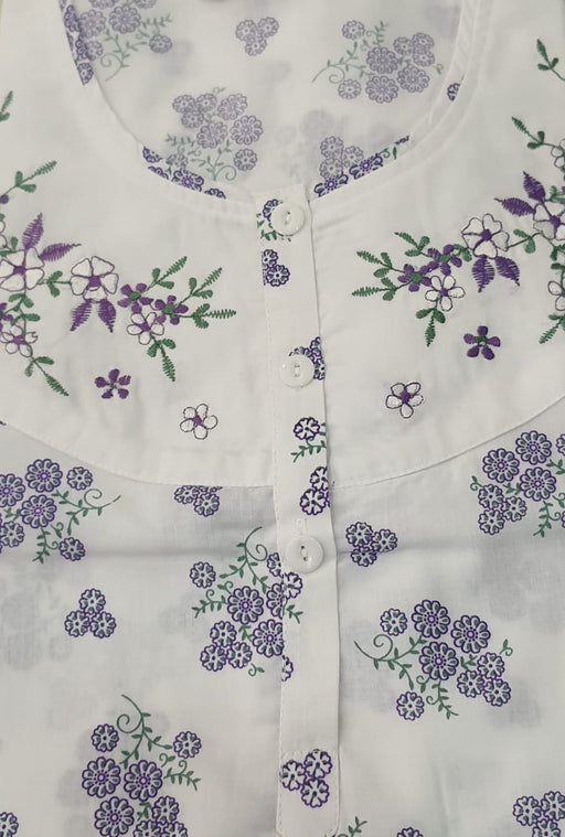 White/Violet Floral Pure Cotton Sleeveless Free Size Nighty - Laces and Frills