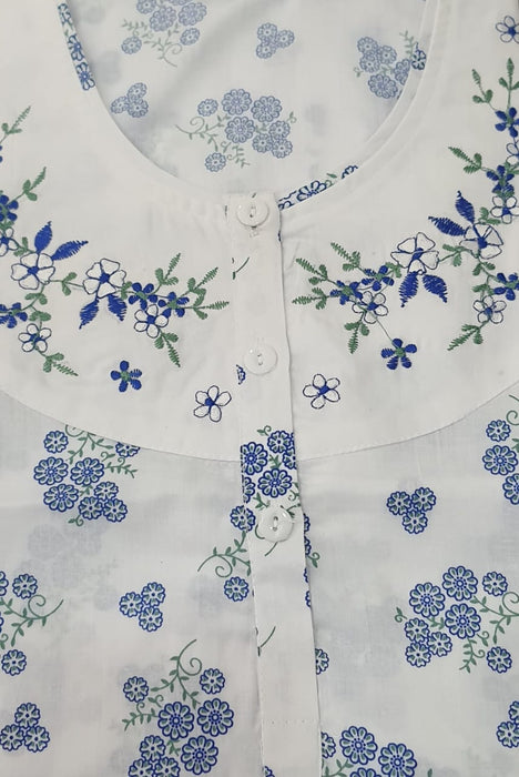 White/Blue Floral Pure Cotton Sleeveless Free Size Nighty - Laces and Frills