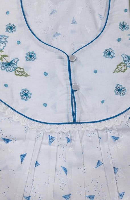 White/Sky Blue Floral Pure Cotton Sleeveless Free Size Nighty - Laces and Frills
