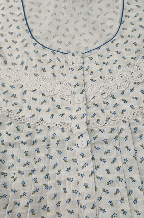 White/Light Blue Floral Pure Cotton Extra Large Nighty - Laces and Frills